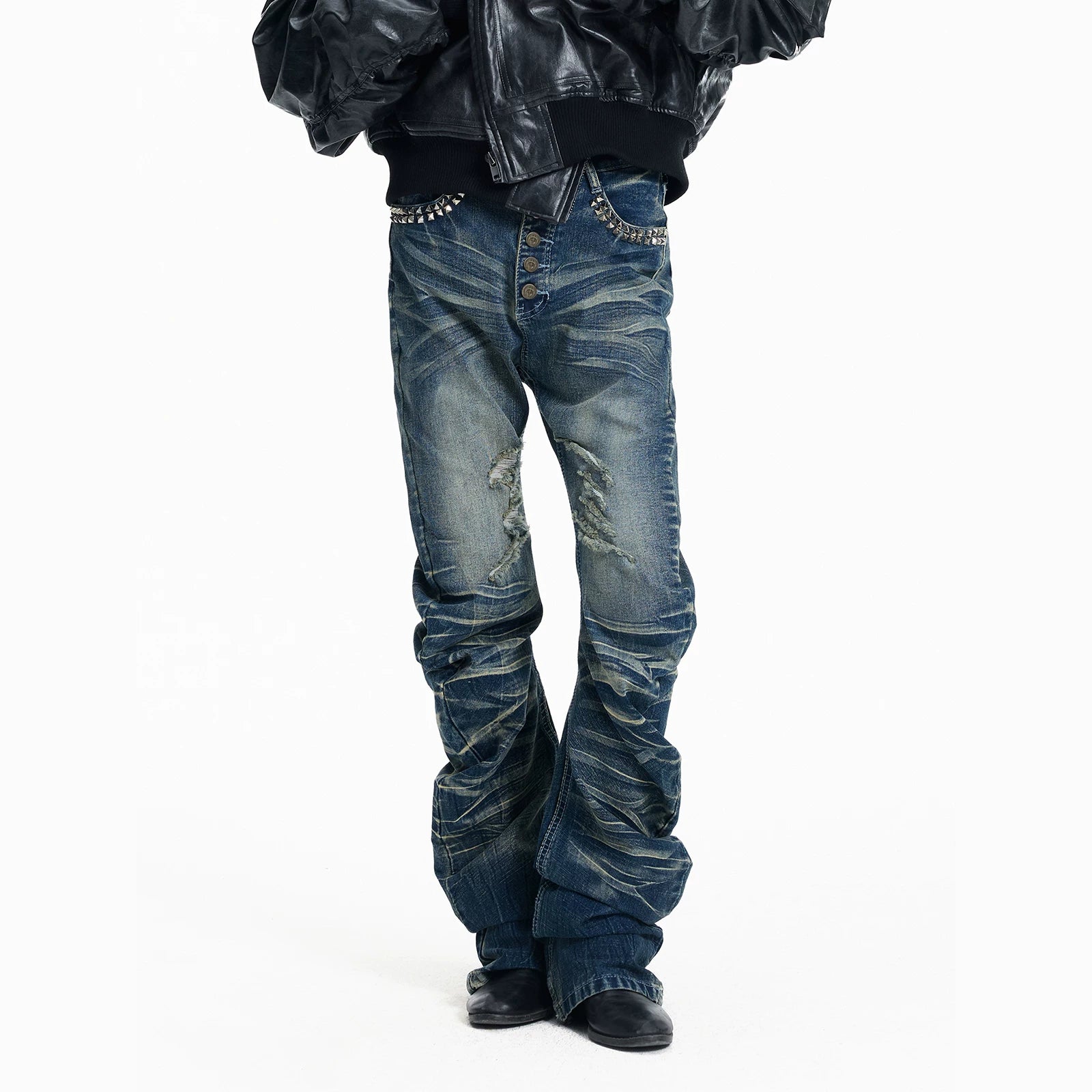 Ice Blue Cracked Washed Rivet Scimitar Skinny Jeans | 999853582721