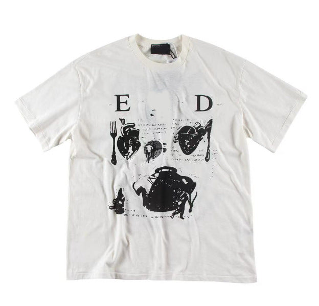Camiseta Melancólica con Estampado de Retrato Ilustrado