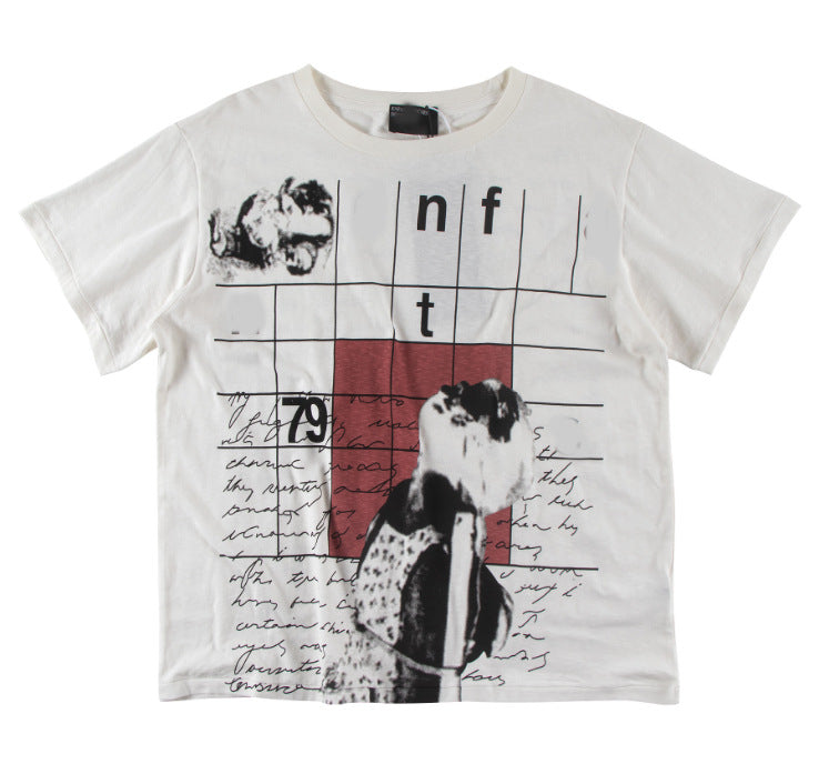 Camiseta Melancólica con Estampado de Retrato Ilustrado