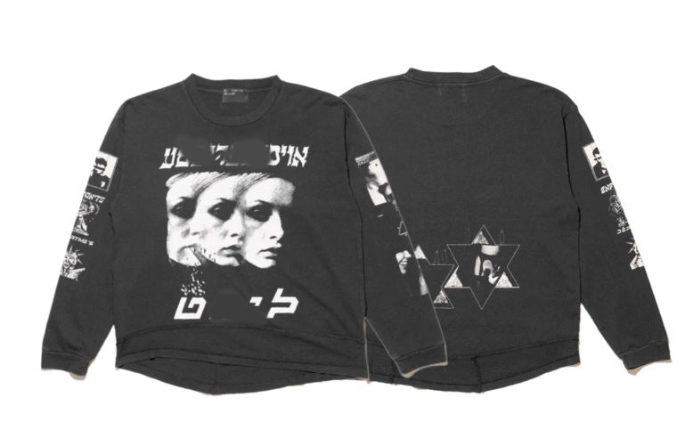 Camiseta Melancólica con Estampado de Retrato Ilustrado