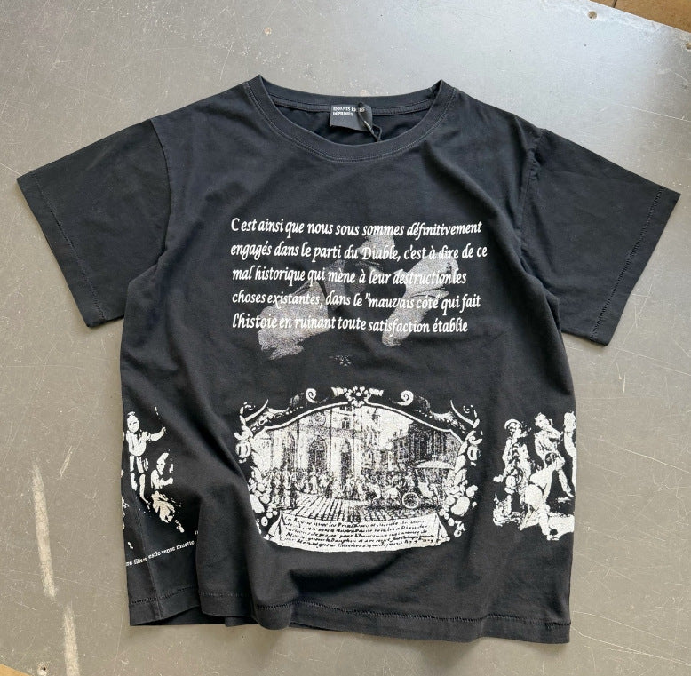 Camiseta Melancólica con Estampado de Retrato Ilustrado