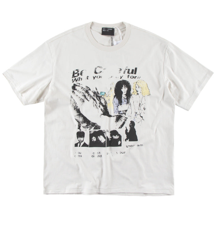 Camiseta Melancólica con Estampado de Retrato Ilustrado
