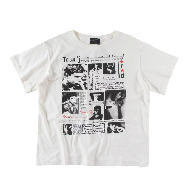 Camiseta Melancólica con Estampado de Retrato Ilustrado