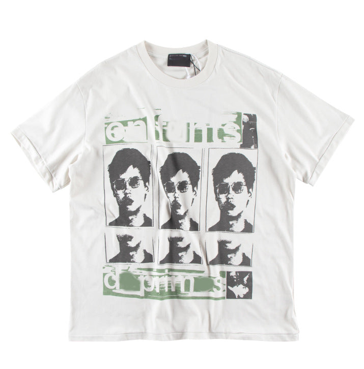 Camiseta Melancólica con Estampado de Retrato Ilustrado
