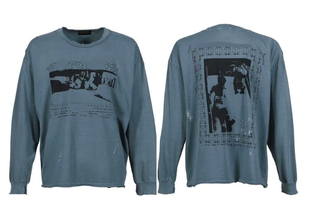 Camiseta Melancólica con Estampado de Retrato Ilustrado
