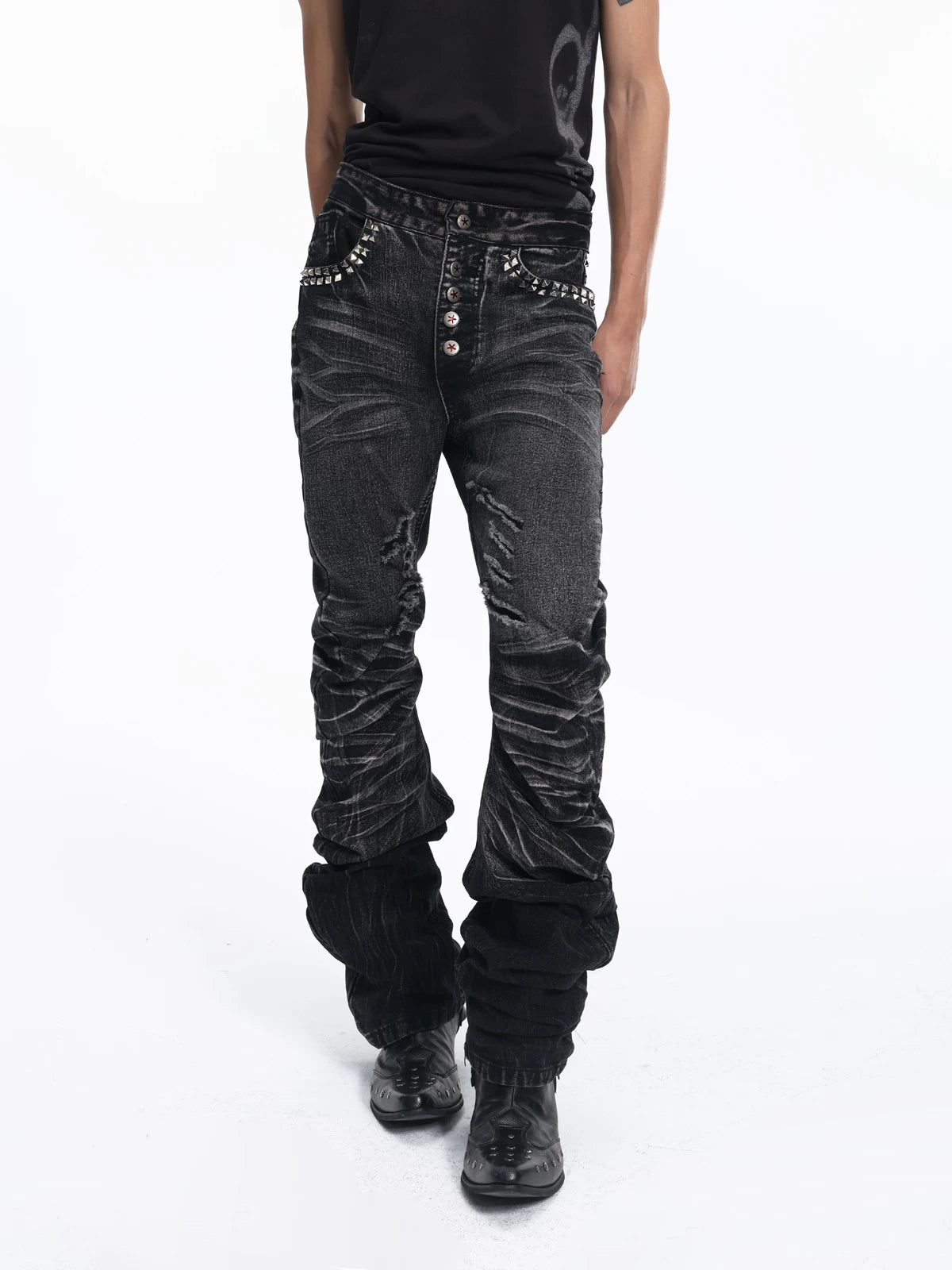 Ice Blue Cracked Washed Rivet Scimitar Skinny Jeans | 999853582721