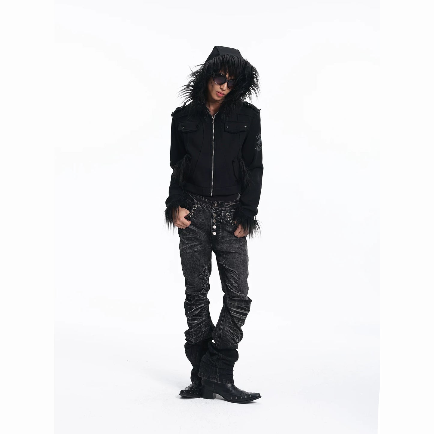 Ice Blue Cracked Washed Rivet Scimitar Skinny Jeans | 999853582721