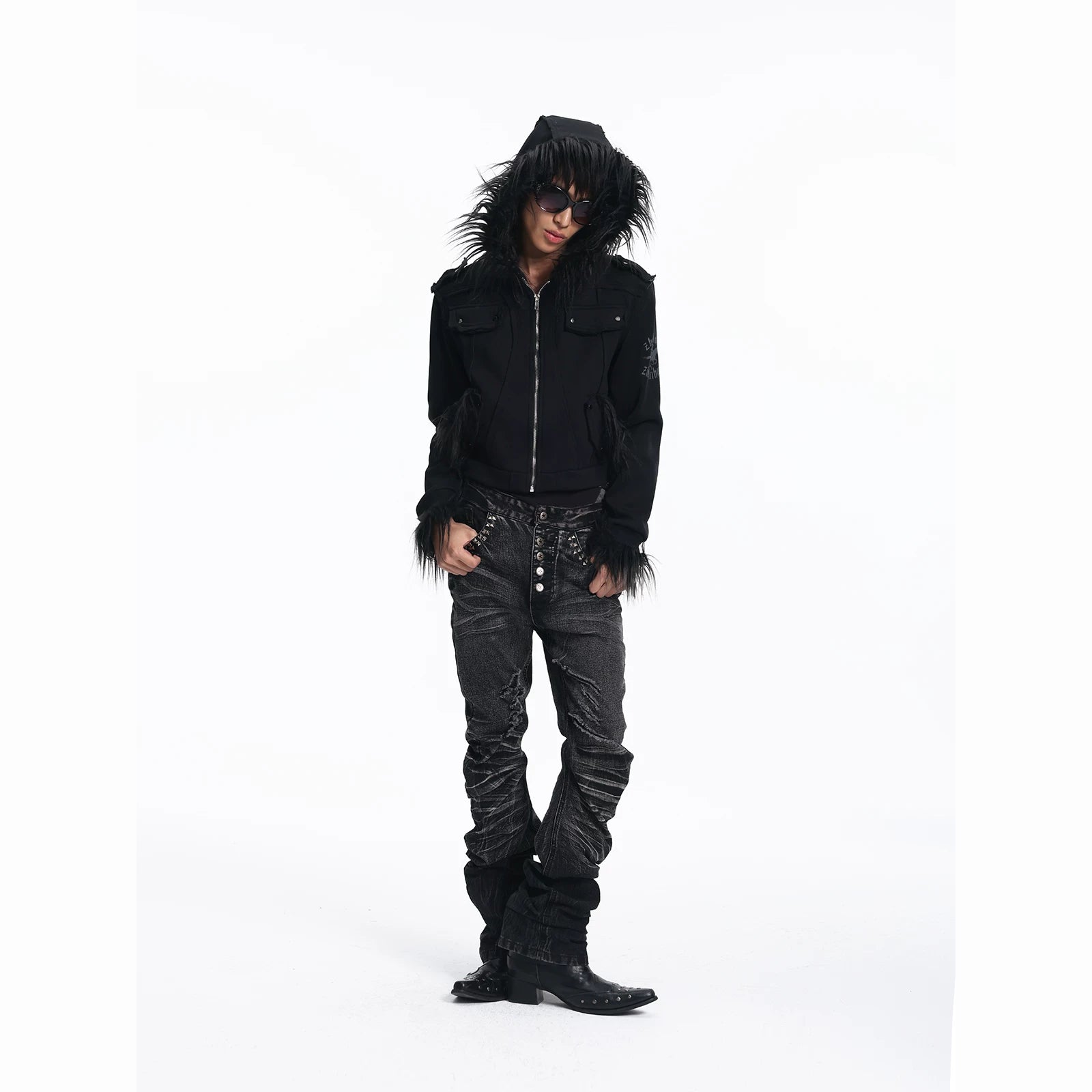 Ice Blue Cracked Washed Rivet Scimitar Skinny Jeans | 999853582721