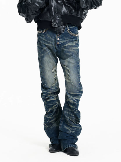 Ice Blue Cracked Washed Rivet Scimitar Skinny Jeans | 999853582721