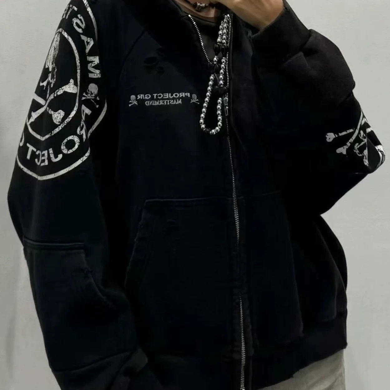 Skeleton Spliced Washed Ripped Zipper Jacket