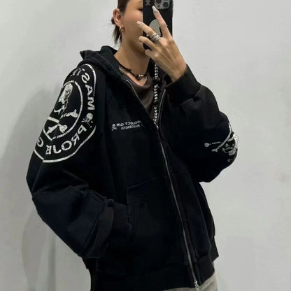 Skeleton Spliced Washed Ripped Zipper Jacket