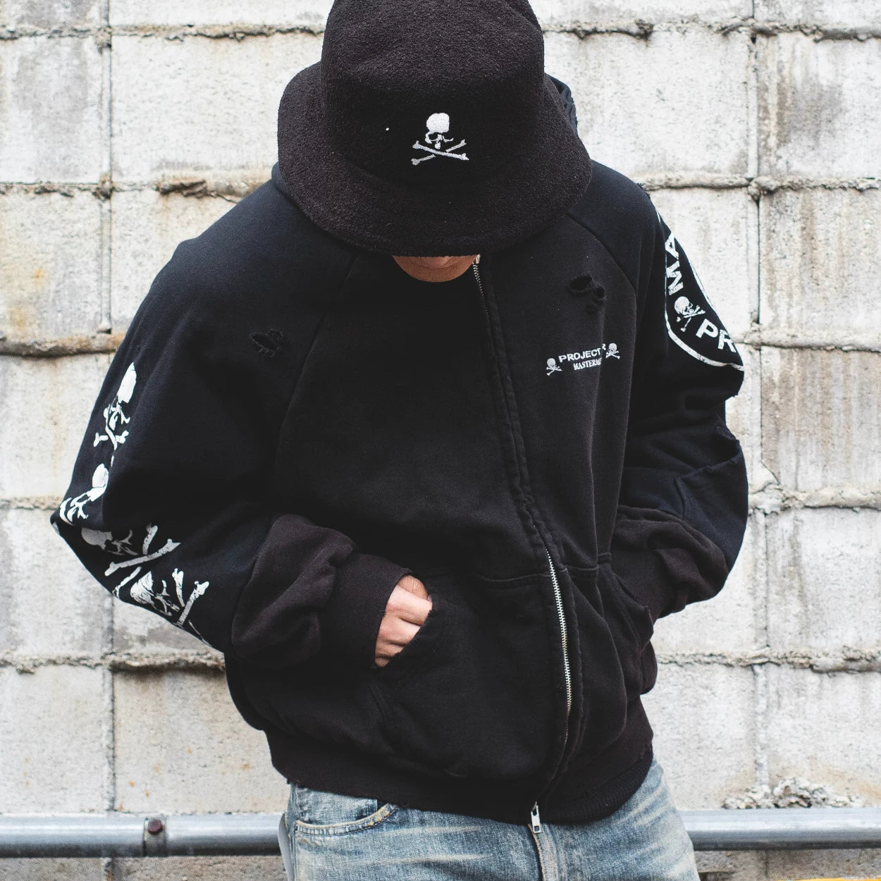 Skeleton Spliced Washed Ripped Zipper Jacket