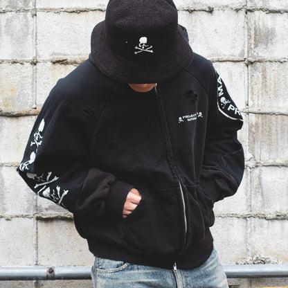 Skeleton Spliced Washed Ripped Zipper Jacket