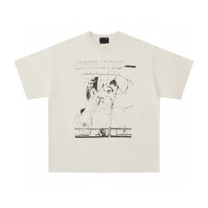 Camiseta Melancólica con Estampado de Retrato Ilustrado