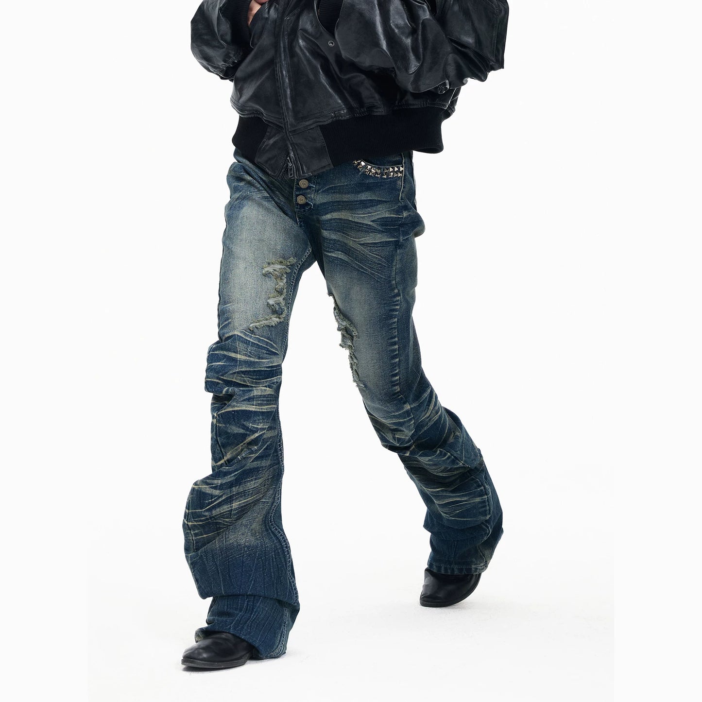 Ice Blue Cracked Washed Rivet Scimitar Skinny Jeans | 999853582721