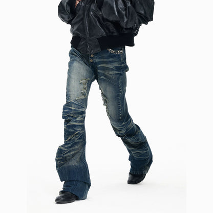 Ice Blue Cracked Washed Rivet Scimitar Skinny Jeans | 999853582721