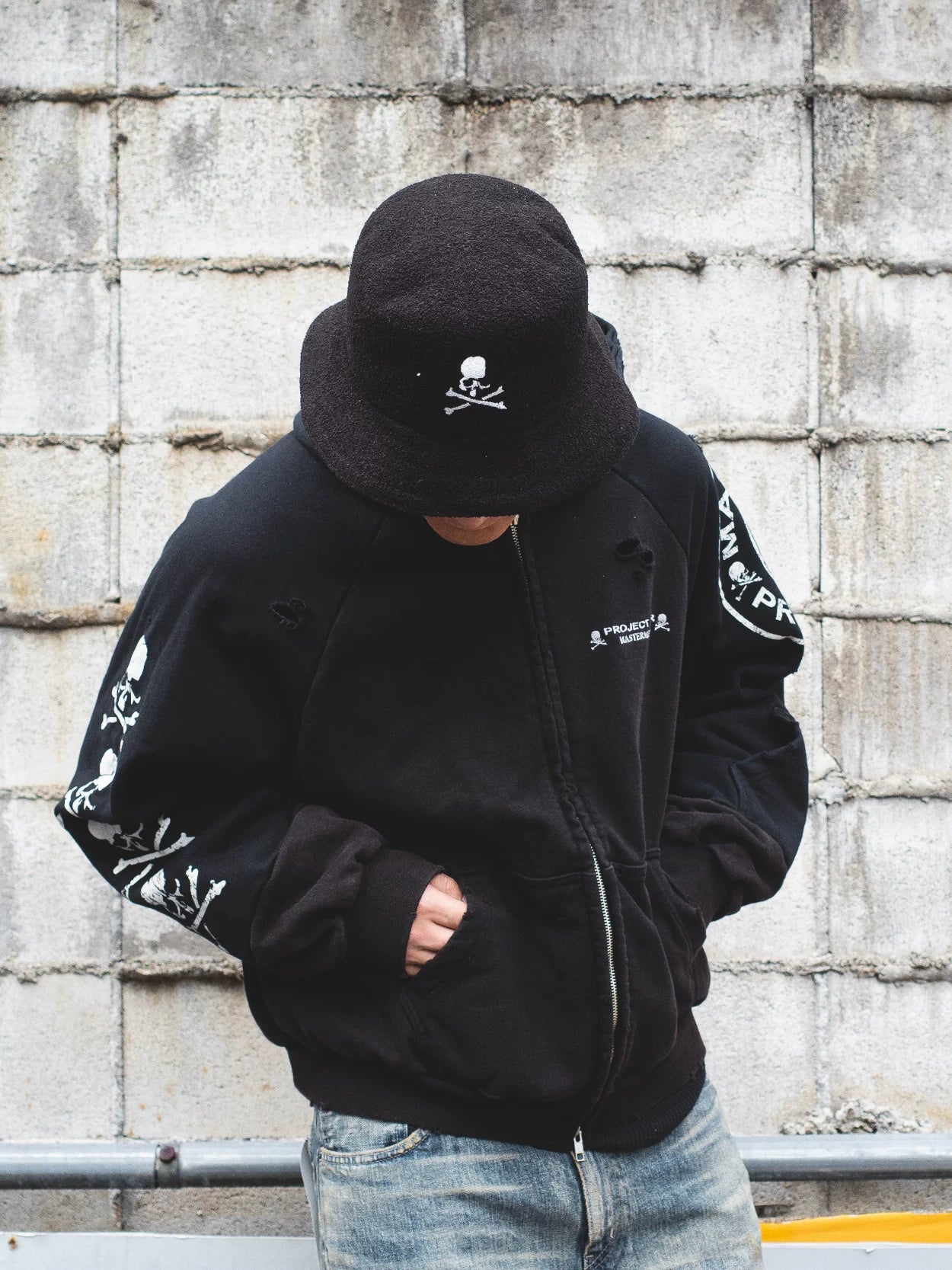 Skeleton Spliced Washed Ripped Zipper Jacket