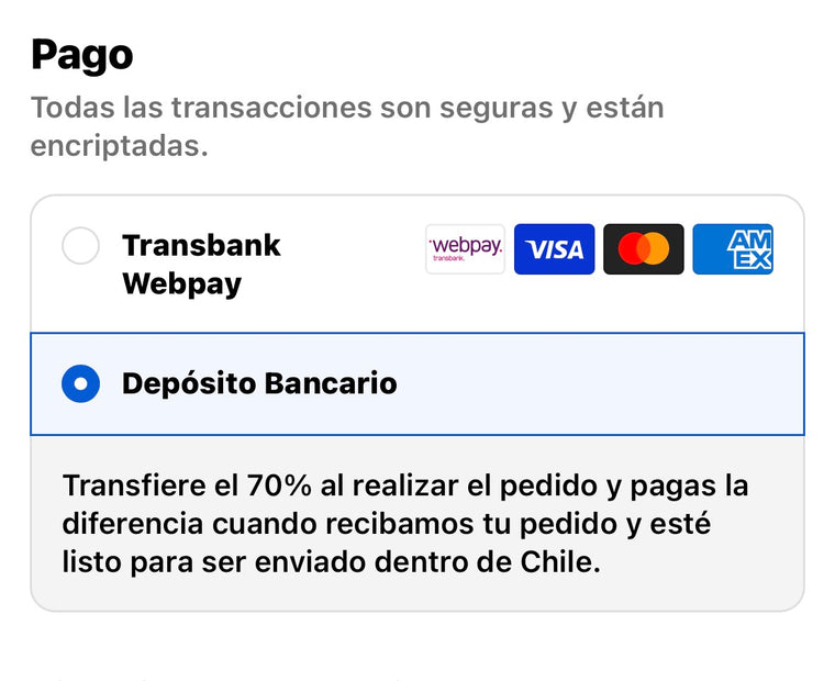 Pantalla de pago: Depósito Bancario, transfiere el 70% al realizar el pedido