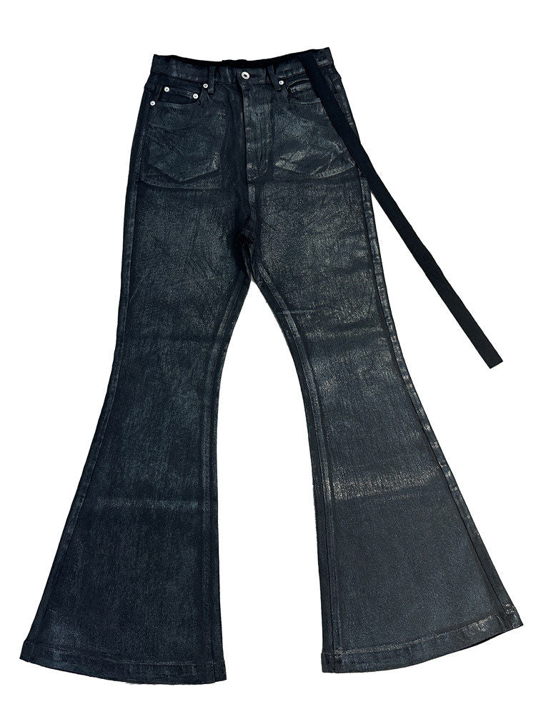 Pantalones Vaqueros Acampanados de Mezclilla Oscura con Revestimiento de Cera