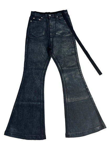 Pantalones Vaqueros Acampanados de Mezclilla Oscura con Revestimiento de Cera